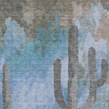 9' X 12' Brown Blue And Taupe Botanical Leaves Washable Indoor Outdoor Area Rug
