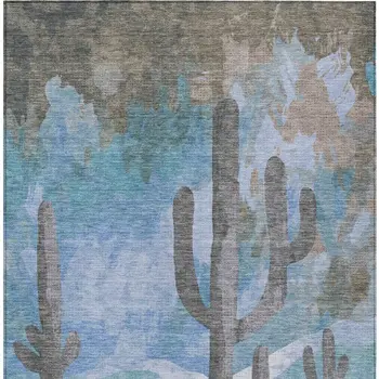 9' X 12' Brown Blue And Taupe Botanical Leaves Washable Indoor Outdoor Area Rug