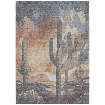 3' X 5' Copper Blue And Wheat Botanical Leaves Washable Indoor Outdoor Area Rug