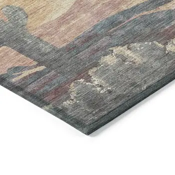 3' X 5' Copper Blue And Wheat Botanical Leaves Washable Indoor Outdoor Area Rug