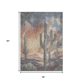 3' X 5' Copper Blue And Wheat Botanical Leaves Washable Indoor Outdoor Area Rug