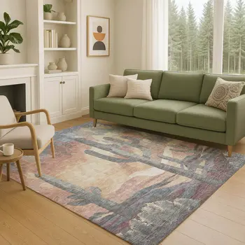 3' X 5' Copper Blue And Wheat Botanical Leaves Washable Indoor Outdoor Area Rug