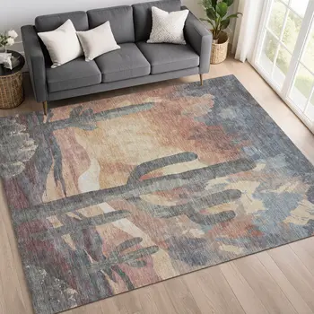 3' X 5' Copper Blue And Wheat Botanical Leaves Washable Indoor Outdoor Area Rug