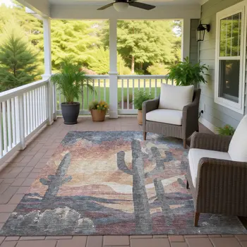 3' X 5' Copper Blue And Wheat Botanical Leaves Washable Indoor Outdoor Area Rug