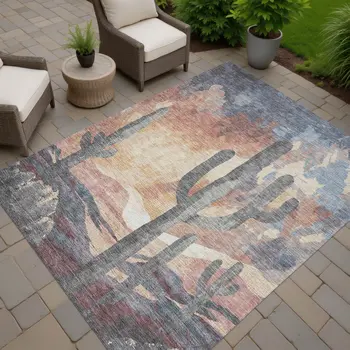 5' X 8' Copper Blue And Wheat Botanical Leaves Washable Indoor Outdoor Area Rug