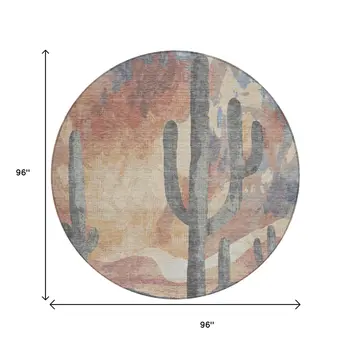 8' Copper Blue And Wheat Round Botanical Leaves Washable Indoor Outdoor Area Rug