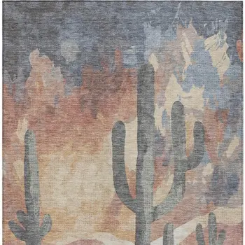 8' X 10' Copper Blue And Wheat Botanical Leaves Washable Indoor Outdoor Area Rug