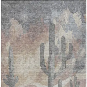 3' X 5' Taupe Coral And Sage Botanical Leaves Washable Indoor Outdoor Area Rug