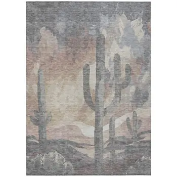 5' X 8' Taupe Coral And Sage Botanical Leaves Washable Indoor Outdoor Area Rug