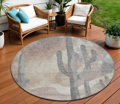 8' Taupe Coral And Sage Round Botanical Leaves Washable Indoor Outdoor Area Rug