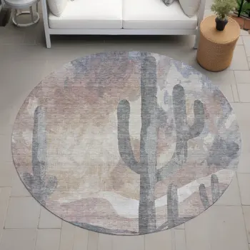 8' Taupe Coral And Sage Round Botanical Leaves Washable Indoor Outdoor Area Rug