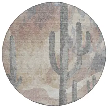 8' Taupe Coral And Sage Round Botanical Leaves Washable Indoor Outdoor Area Rug