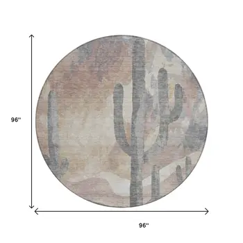8' Taupe Coral And Sage Round Botanical Leaves Washable Indoor Outdoor Area Rug