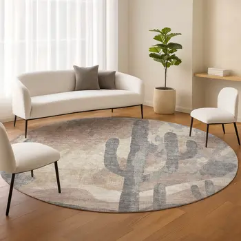8' Taupe Coral And Sage Round Botanical Leaves Washable Indoor Outdoor Area Rug