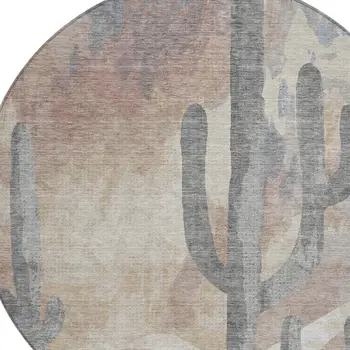 8' Taupe Coral And Sage Round Botanical Leaves Washable Indoor Outdoor Area Rug