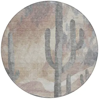 8' Taupe Coral And Sage Round Botanical Leaves Washable Indoor Outdoor Area Rug