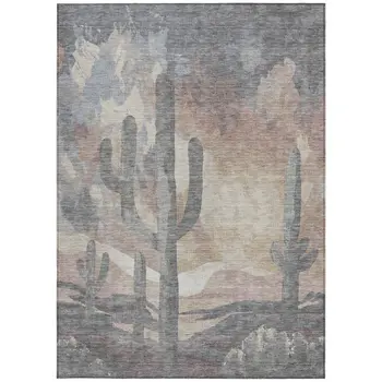 9' X 12' Taupe Coral And Sage Botanical Leaves Washable Indoor Outdoor Area Rug