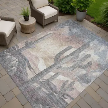 10' X 14' Taupe Coral And Sage Botanical Leaves Washable Indoor Outdoor Area Rug