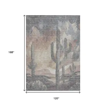 10' X 14' Taupe Coral And Sage Botanical Leaves Washable Indoor Outdoor Area Rug