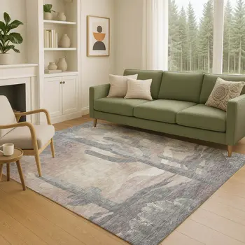 10' X 14' Taupe Coral And Sage Botanical Leaves Washable Indoor Outdoor Area Rug