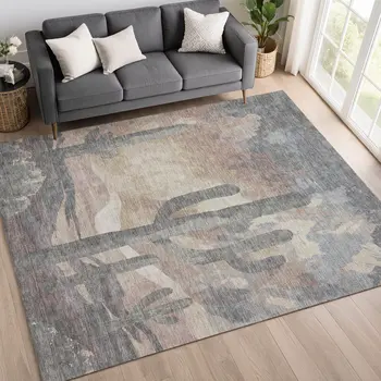 10' X 14' Taupe Coral And Sage Botanical Leaves Washable Indoor Outdoor Area Rug
