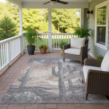 10' X 14' Taupe Coral And Sage Botanical Leaves Washable Indoor Outdoor Area Rug