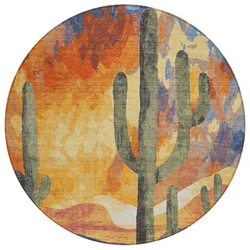 8' Terra Cotta Blue And Plum Round Botanical Leaves Washable Indoor Outdoor Area Rug