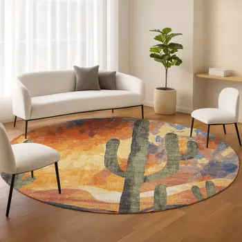 8' Terra Cotta Blue And Plum Round Botanical Leaves Washable Indoor Outdoor Area Rug