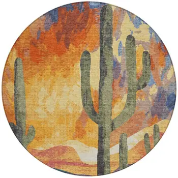 8' Terra Cotta Blue And Plum Round Botanical Leaves Washable Indoor Outdoor Area Rug