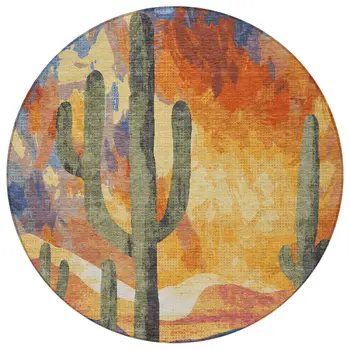 8' Terra Cotta Blue And Plum Round Botanical Leaves Washable Indoor Outdoor Area Rug