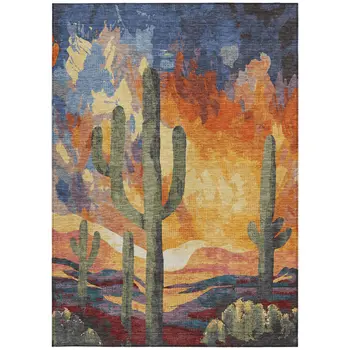 8' X 10' Terra Cotta Blue And Plum Botanical Leaves Washable Indoor Outdoor Area Rug