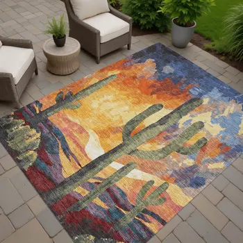 8' X 10' Terra Cotta Blue And Plum Botanical Leaves Washable Indoor Outdoor Area Rug