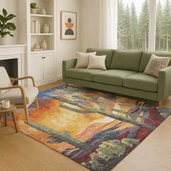 8' X 10' Terra Cotta Blue And Plum Botanical Leaves Washable Indoor Outdoor Area Rug