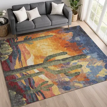 8' X 10' Terra Cotta Blue And Plum Botanical Leaves Washable Indoor Outdoor Area Rug