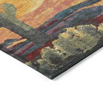 9' X 12' Terra Cotta Blue And Plum Botanical Leaves Washable Indoor Outdoor Area Rug