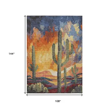9' X 12' Terra Cotta Blue And Plum Botanical Leaves Washable Indoor Outdoor Area Rug