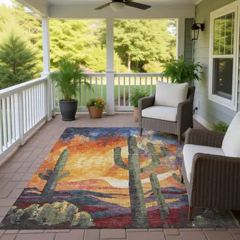 9' X 12' Terra Cotta Blue And Plum Botanical Leaves Washable Indoor Outdoor Area Rug