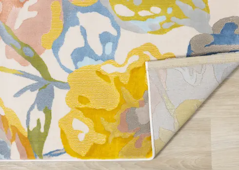 5' X 8' Yellow And Blue Botanical Leaves Area Rug