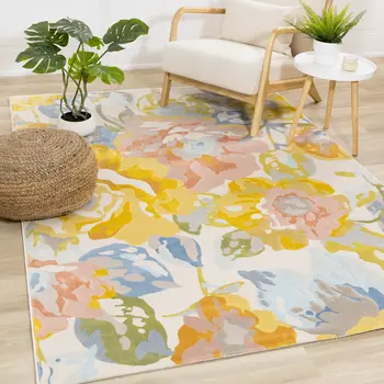 8' X 11' Yellow And Blue Botanical Leaves Area Rug