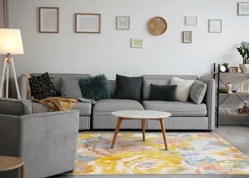 8' X 11' Yellow And Blue Botanical Leaves Area Rug