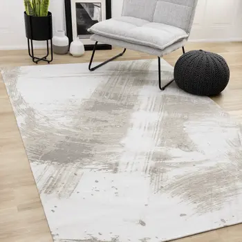 5' X 8' White And Taupe Abstract Area Rug