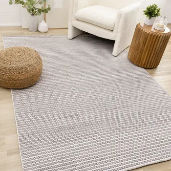 5' X 8' White And Taupe Striped Hand Woven Area Rug