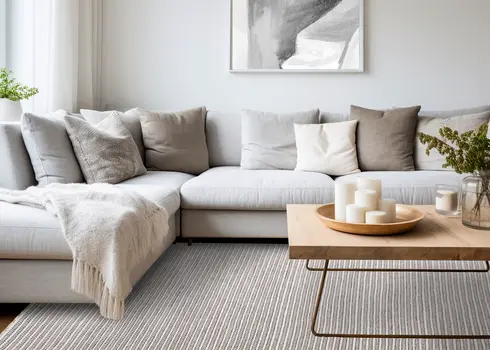 5' X 8' White And Taupe Striped Hand Woven Area Rug