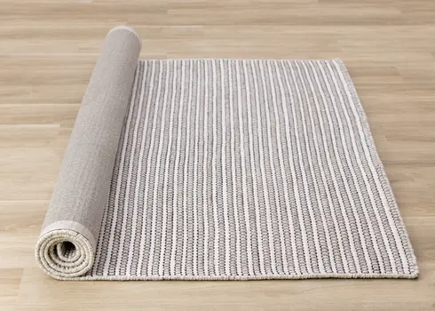 5' X 8' White And Taupe Striped Hand Woven Area Rug