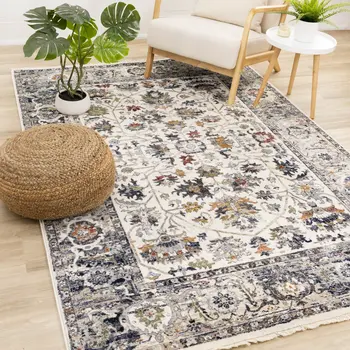 8' X 10' Cream And Blue Abstract Area Rug