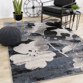 5' X 8' Blue And Cream Botanical Leaves Area Rug