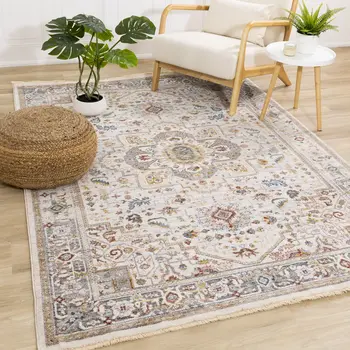 5' X 8' Cream And Blue Area Rug