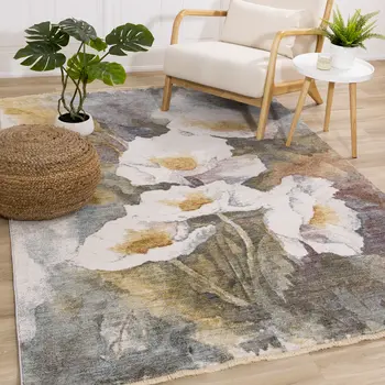 5' X 8' Cream And Blue Botanical Leaves Area Rug