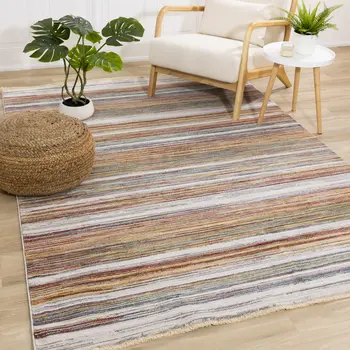 5' X 8' Yellow And Blue Striped Area Rug