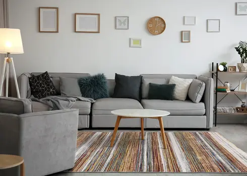 5' X 8' Yellow And Blue Striped Area Rug